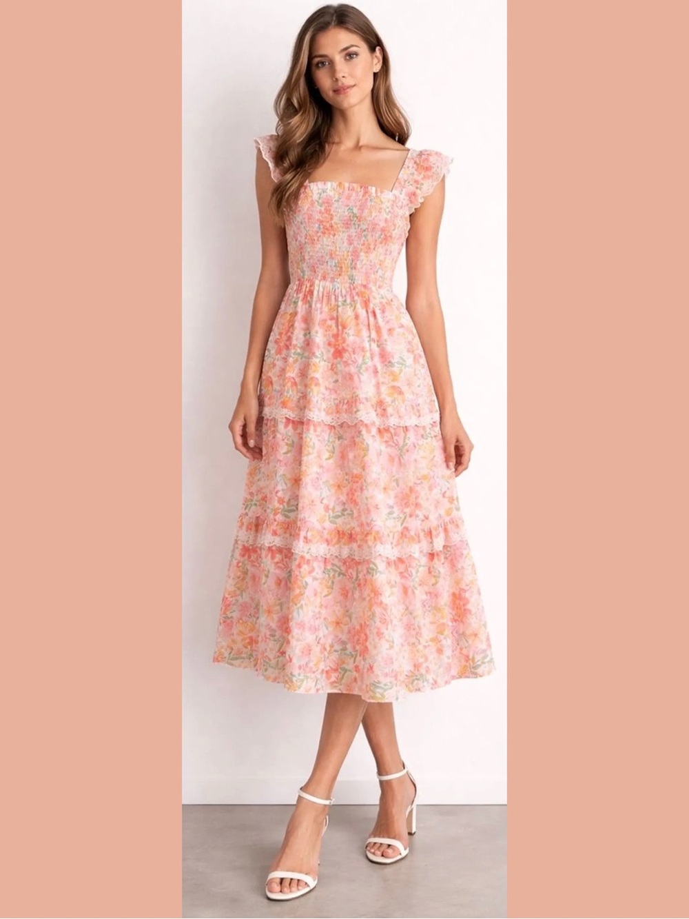 Haute Hippie Georgia Peach Floral Cottage Maxi Ruffle Tiered Dress 🧡🌿